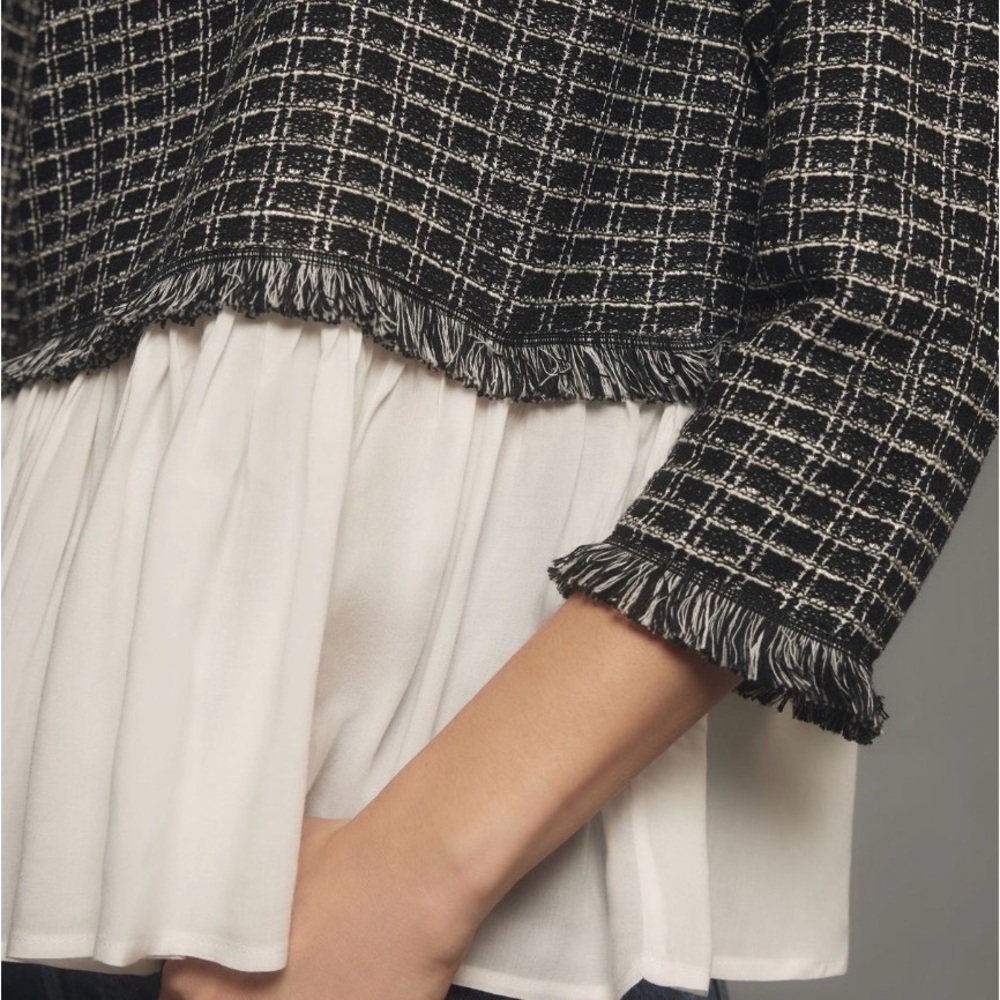Anthropologie Black White Textured Peplum Top XS Ruffle Hem 3/4 Sleeve - Picture 3 of 7